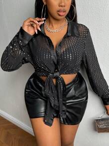 Slaydiva SLAYR PLUS - Sexy Party - Elastic Knit Loose Fit Black Sequin Sheer Plus Size Blouse - Black - View 5