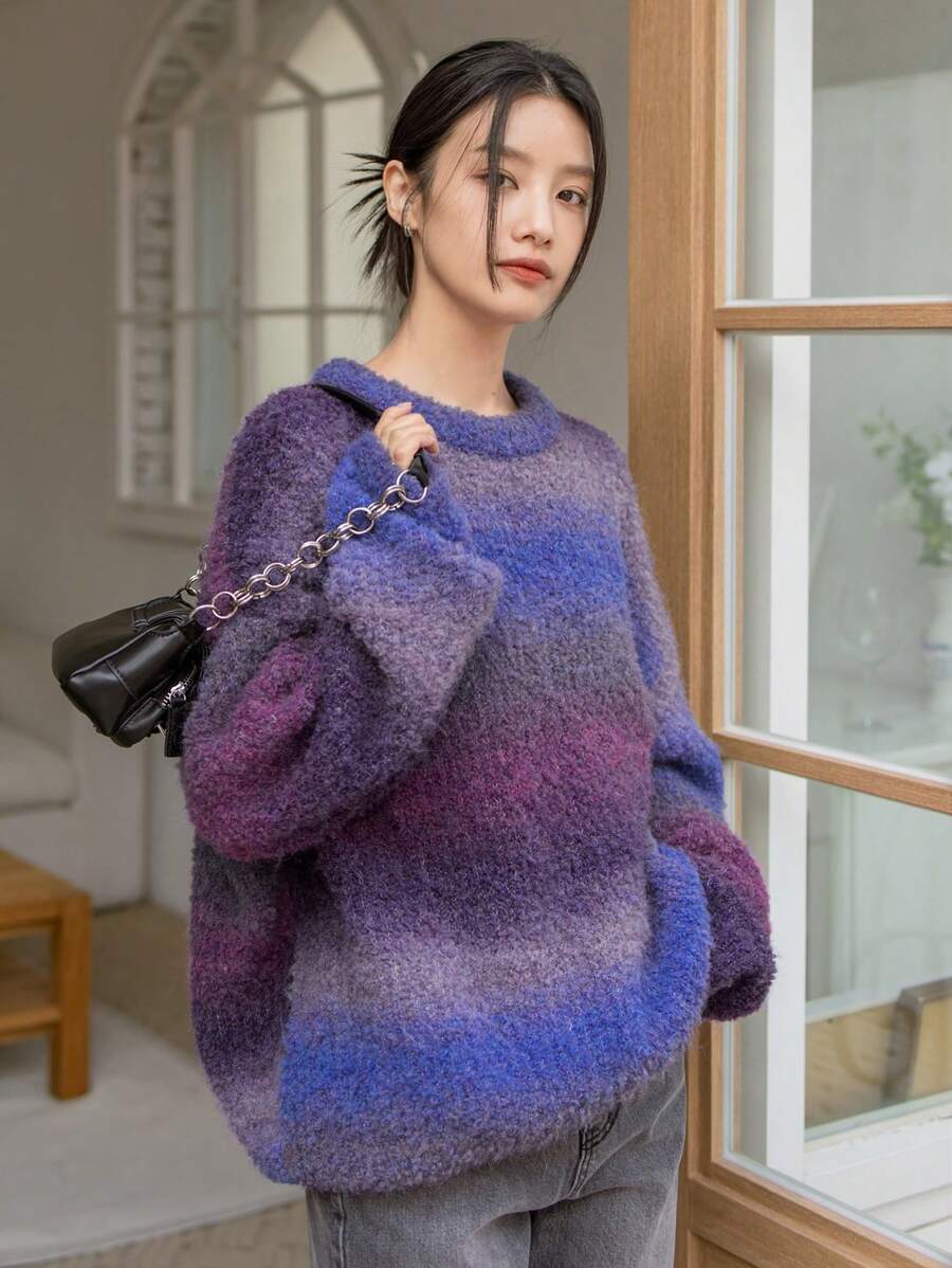 Dazy-Less 女士圆领蝙蝠袖休闲扎染套头衫，秋冬，秋季女装 - 紫色 - 查看 1