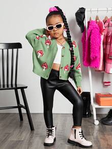 SHEIN Cô Gái Trẻ Thả vai Mô hình nấm Áo len Mở - màu xanh lá - Xem 5