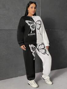 SHEIN EZwear 大碼雙色蝴蝶圖案落肩袖連帽衫和運動褲 - 黑與白 - 查看 5