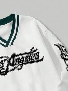 ROMWE MEN Prep 男士字母图案条纹滚边保暖内衬篮球卫衣，适合上学、秋冬季穿着，长袖上衣 - 白色 - 查看 5