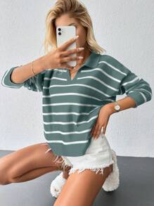 EURMUSE Jersey con patrón de rayas de hombros caídos - verde menta - Ver 5