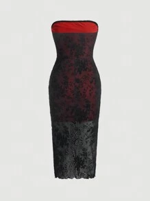 SHEIN MOD In hoa Tách đùi Váy ống - Đỏ - Xem 2