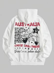 ROMWE MEN Goth 男士標語&蜘蛛圖案袋鼠口袋抽繩連帽衫 - 白色 - 查看 1