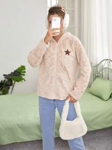 SHEIN EZwear 星星刺繡抽繩連帽絨毛外套 - 卡其色 - 查看 3
