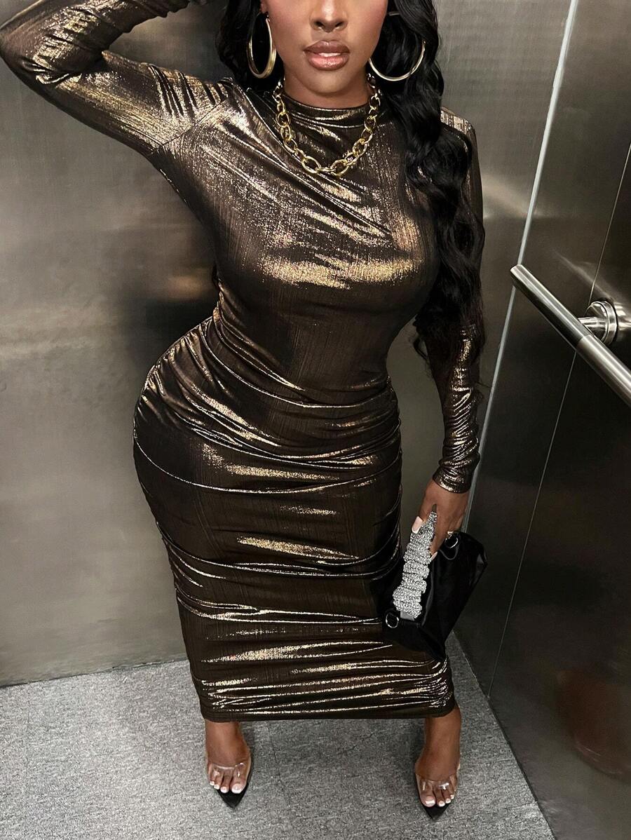 Slaydiva Mock Neck Ruched Side Dress