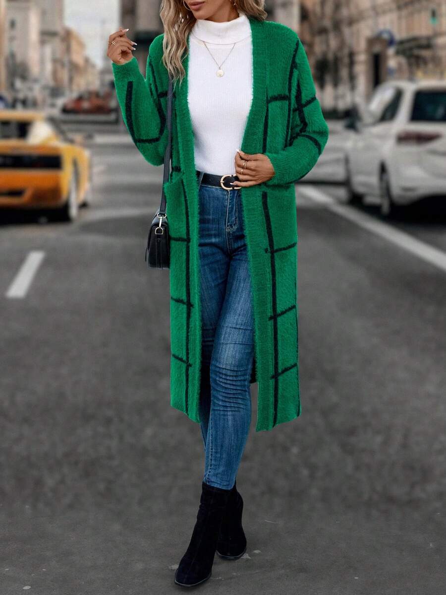 SHEIN LUNE 格紋圖案口袋貼布開襟開衫 - 綠色 - 查看 1