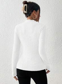 SHEIN Frenchy Mock Neck Ribbed Knit Textured Fabric Tee Winter White
