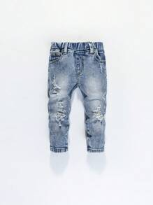 SHEIN 男婴时尚百搭酷炫破洞口袋牛仔裤 - 中等水洗藍 - 查看 1