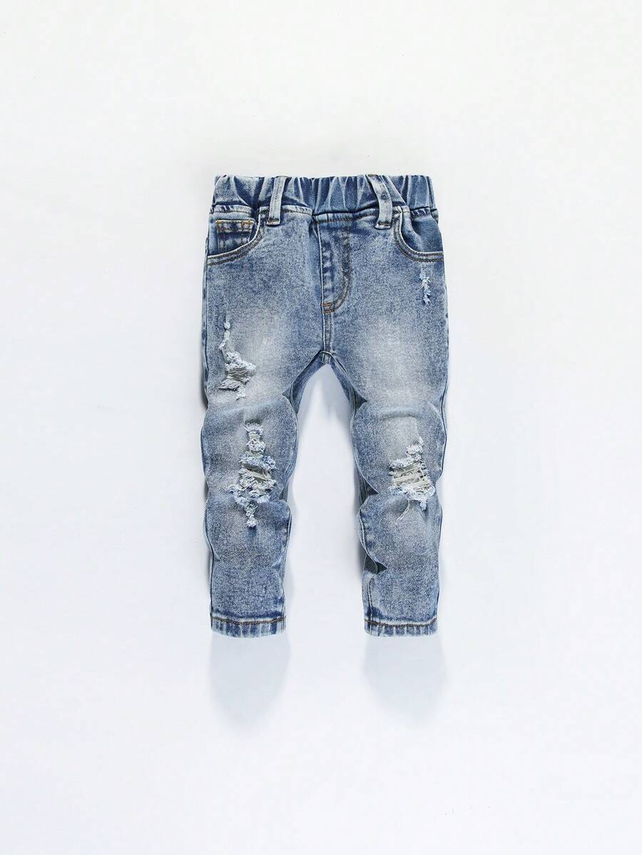 SHEIN 男婴时尚百搭酷炫破洞口袋牛仔裤 - 中等水洗藍 - 查看 1