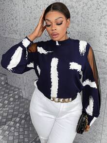 Maweii 大碼筆刷圖案網紗拼接小高領襯衫 - 藏蓝色 - 查看 6