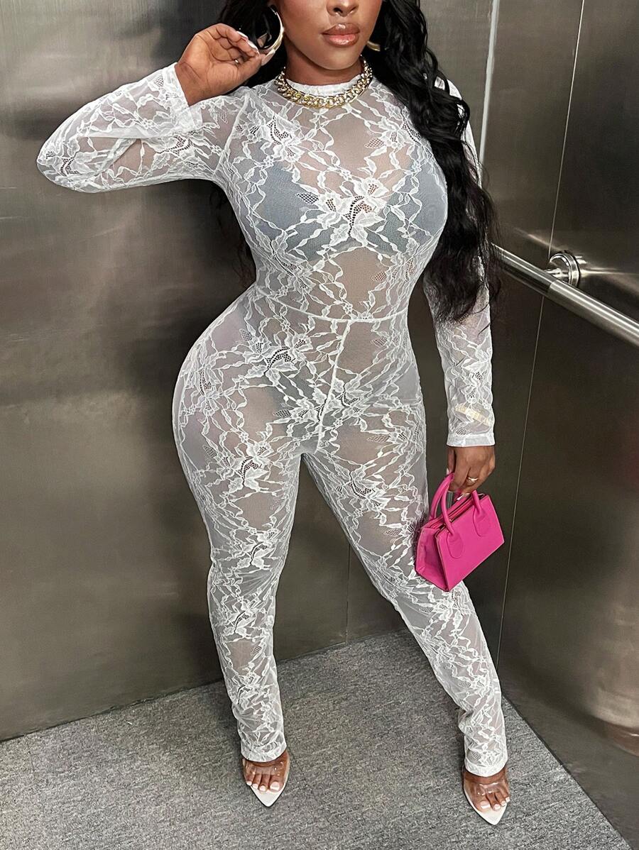 Slaydiva 花卉蕾絲彈力緊身連體褲不附內衣 - 白色 - 查看 1