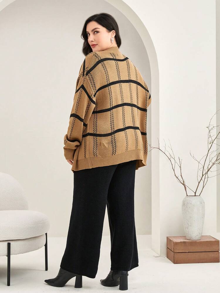Plus 1pc Plaid Pattern Drop Shoulder Cardigan & 1pc Knit Pants