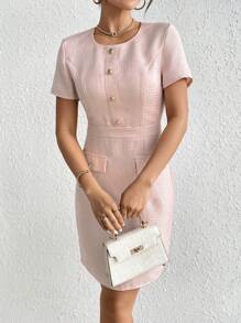 SHEIN Privé Flap Detail Button Front Dress - Pink - View 5