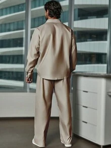 Manfinity Homme Hombres talla grande Camisa unicolor con botón con pantalones - Caqui - Ver 2