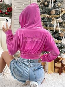 SHEIN Unity Của phụ nữ Dây rút áo có mũ Nhung Áo khoác - Hồng - Xem 2