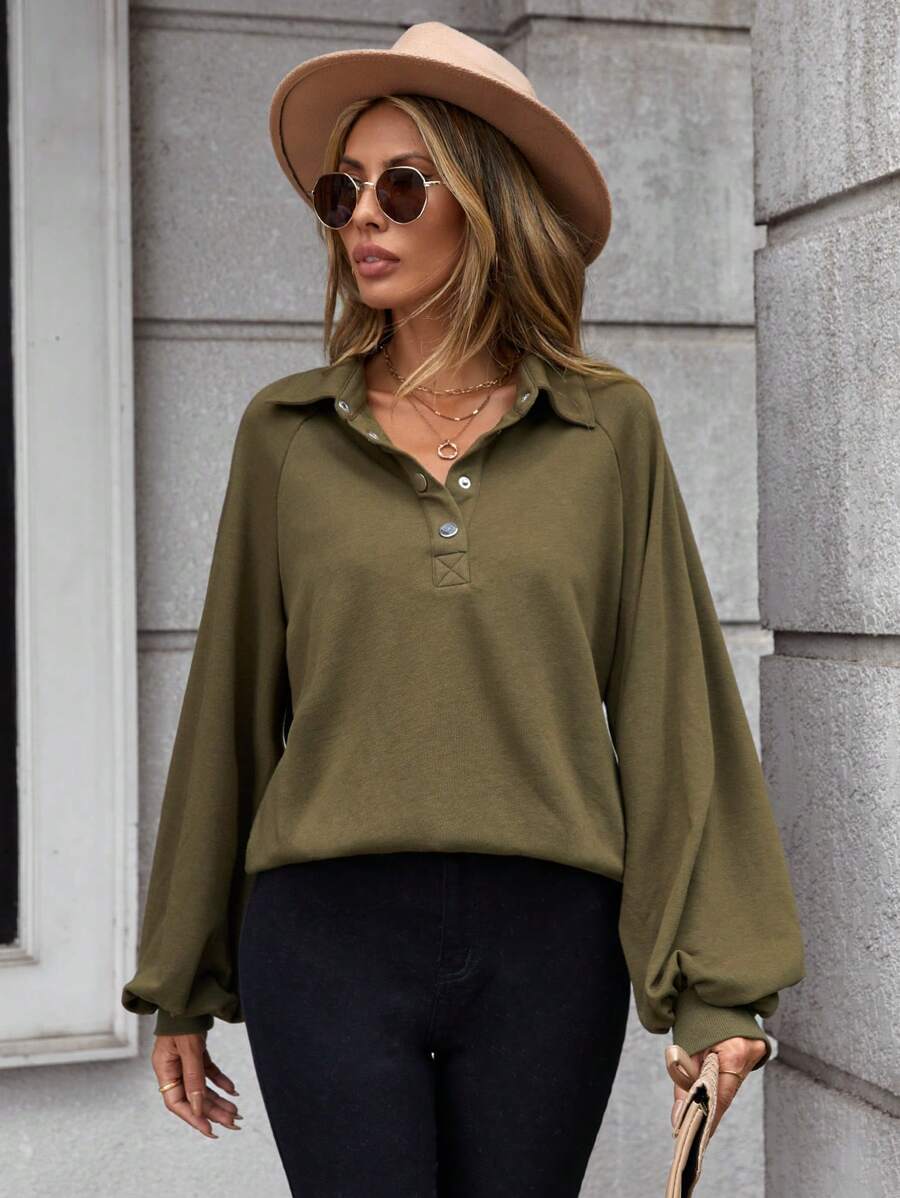 SHEIN LUNE Half Button Raglan Sleeve Sweatshirt - Army Green - View 1