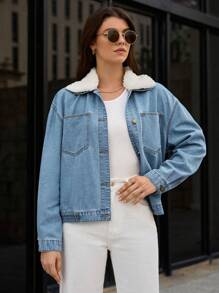 SHEIN Frenchy Borg Collar Drop Shoulder Denim Jacket Winter - Dark Wash - View 4