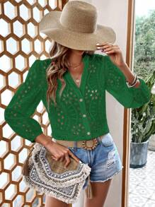 SHEIN VCAY Eyelet Embroidery Button Front Lantern Sleeve Blouse - Green - View 5