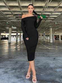 SHEIN SXY Oblique Shoulder Bodycon Women's Sweater Dress For Party - Black - View 4