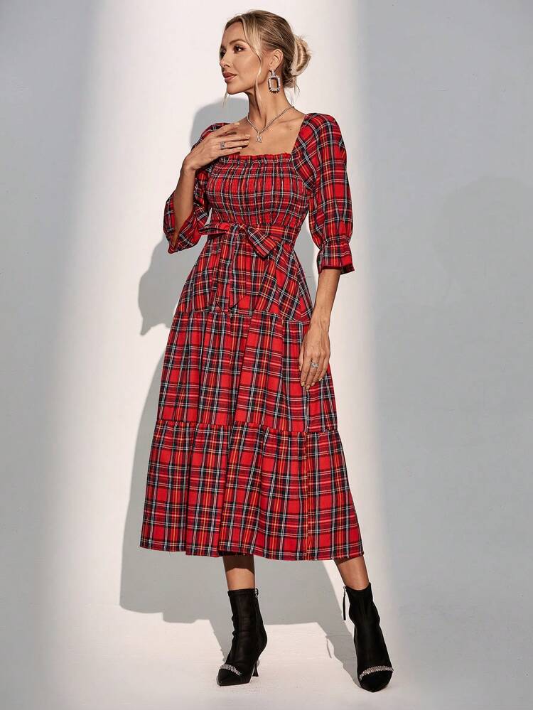 Tartan Print Square Neck Flounce Sleeve Ruffle Hem Belted Dress