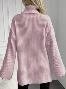 EURMUSE Jersey cuello alto de hombros caídos bajo con abertura - Rosa - Ver 2