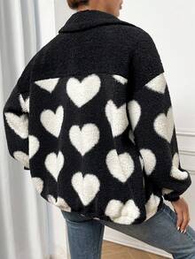 SHEIN Frenchy 愛心圖案落肩袖絨毛外套 - 黑色 - 查看 2
