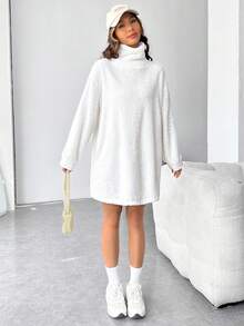 SHEIN EZwear Turtleneck Drop Shoulder Teddy Dress - White - View 4