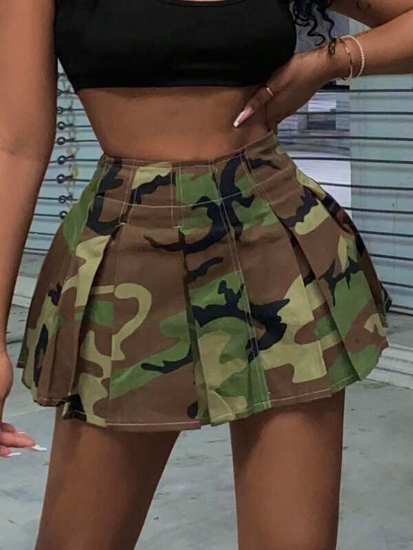 Slaydiva 2024 New Camouflage Print Workwear Sweet Street Sexy Cool Girl Mini Pleated Skirt