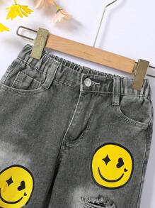 Tween Girl Expression Print Ripped Straight Leg Jeans - Black - View 3