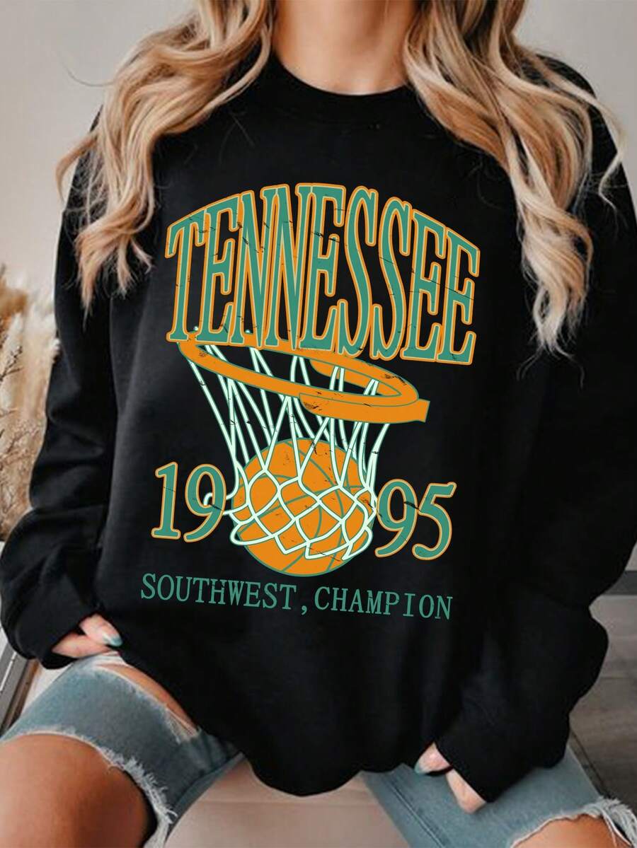 SHEIN EZwear Đồ họa chữ cái & bóng rổ Thả vai Áo nỉ - màu đen - Xem 1