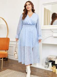 SHEIN Franclia Plus Surplice Neck Flounce Sleeve Dress - Blue - View 5