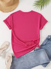SHEIN EZwear 字母圖案T恤 - 玫紅色 - 查看 2