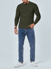 RueChic Men Solid Round Neck Sweater - Khaki - View 3