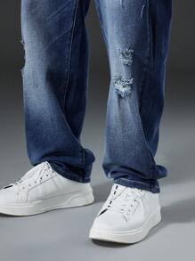 Manfinity Men Plus Ripped Straight Leg Jeans - Blue - View 8