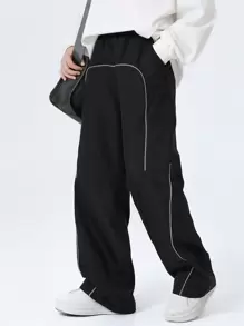 SHEIN Explorewe Tween Girl Contrast Piping Wide Leg Pants - Black - View 1