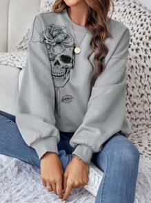 SHEIN LUNE 女士休闲骷髅极简印花宽松落肩套头卫衣，适合秋冬季节，长袖上衣，秋冬万圣节休闲款 - 深灰色 - 查看 3