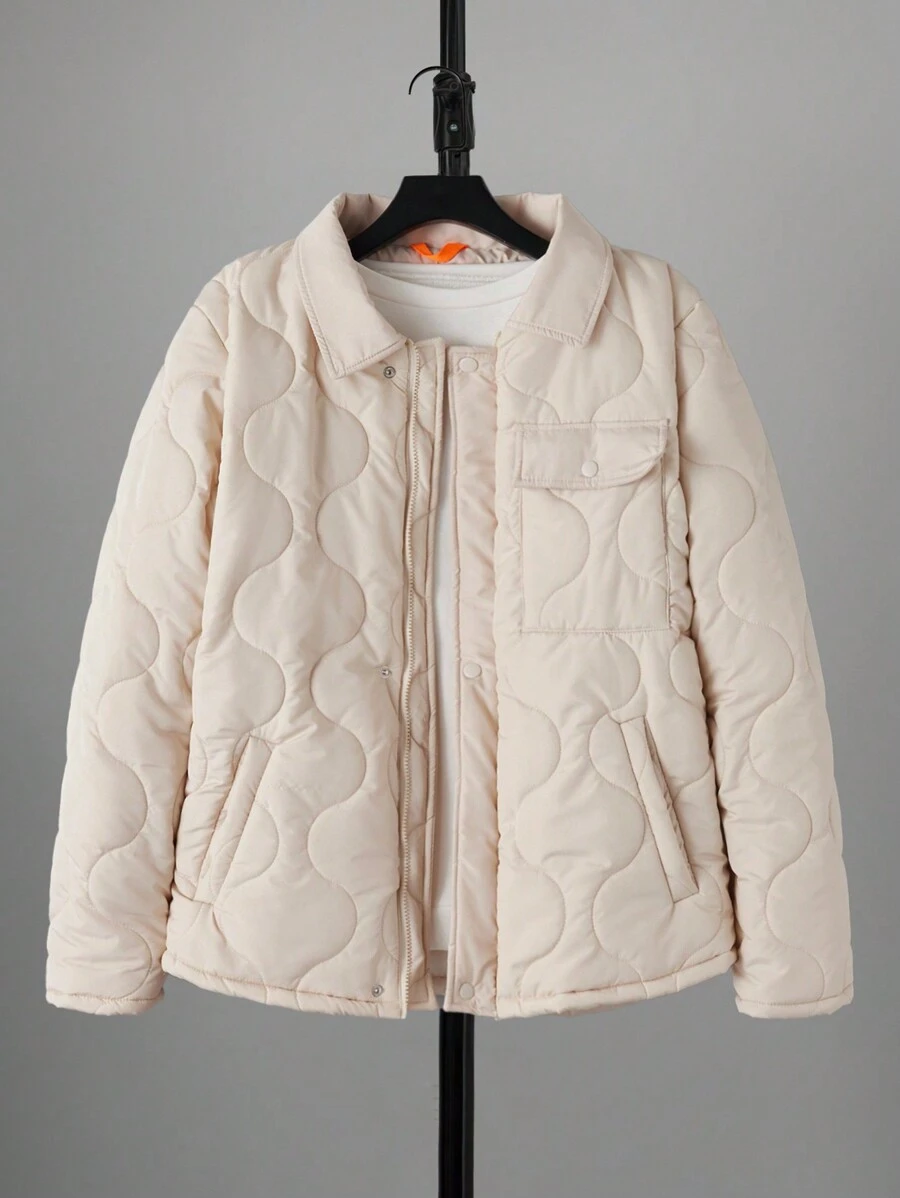 RueChic Men Flap Pocket Drop Shoulder Quilted Coat Without Sweatshirt - Beige - View 1