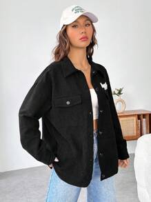 SHEIN EZwear Letter Graphic Flap Pocket Drop Shoulder Corduroy Coat - Black - View 5