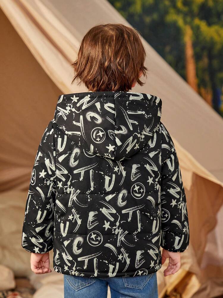 Young Boy Loose Casual Thickened Hooded Jacket With Pattern