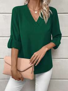 EMERY ROSE Solid Roll Up Sleeve V Neck Blouse - Dark Green - View 1