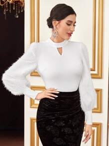 Modelyn Keyhole Neck Fuzzy Lantern Sleeve Top - White - View 5