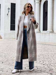 SHEIN Cottnline Plaid Print Drop Shoulder Overcoat - Khaki - View 3