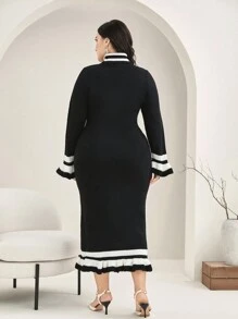 Modelyn 大碼條紋圖案荷葉袖荷葉邊毛衣洋裝 - 黑與白 - 查看 2