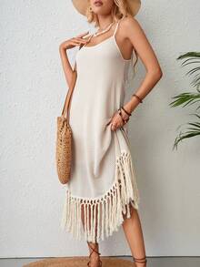 SHEIN VCAY Fringe Hem Váy Dây - Màu be - Xem 3