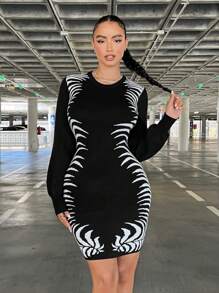 SHEIN SXY Black And White Pattern Women's Sweater Dress Party - Black and White - View 5