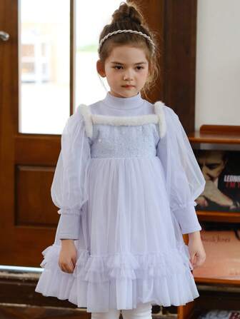 Young Girl Mock Neck Lantern Sleeve Ruffle Hem Mesh Dress