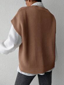 EURMUSE Solid Color V-neck Sweater Vest Without Shirt - Camel - View 2