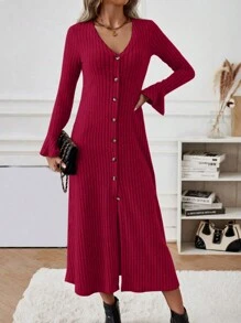 SHEIN Clasi Flounce Sleeve Button Through Ribbed Knit Dress - Red - View 5