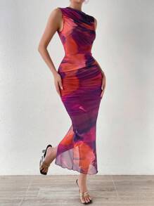 Breezaya 扎染立领网眼紧身连衣裙长款女装